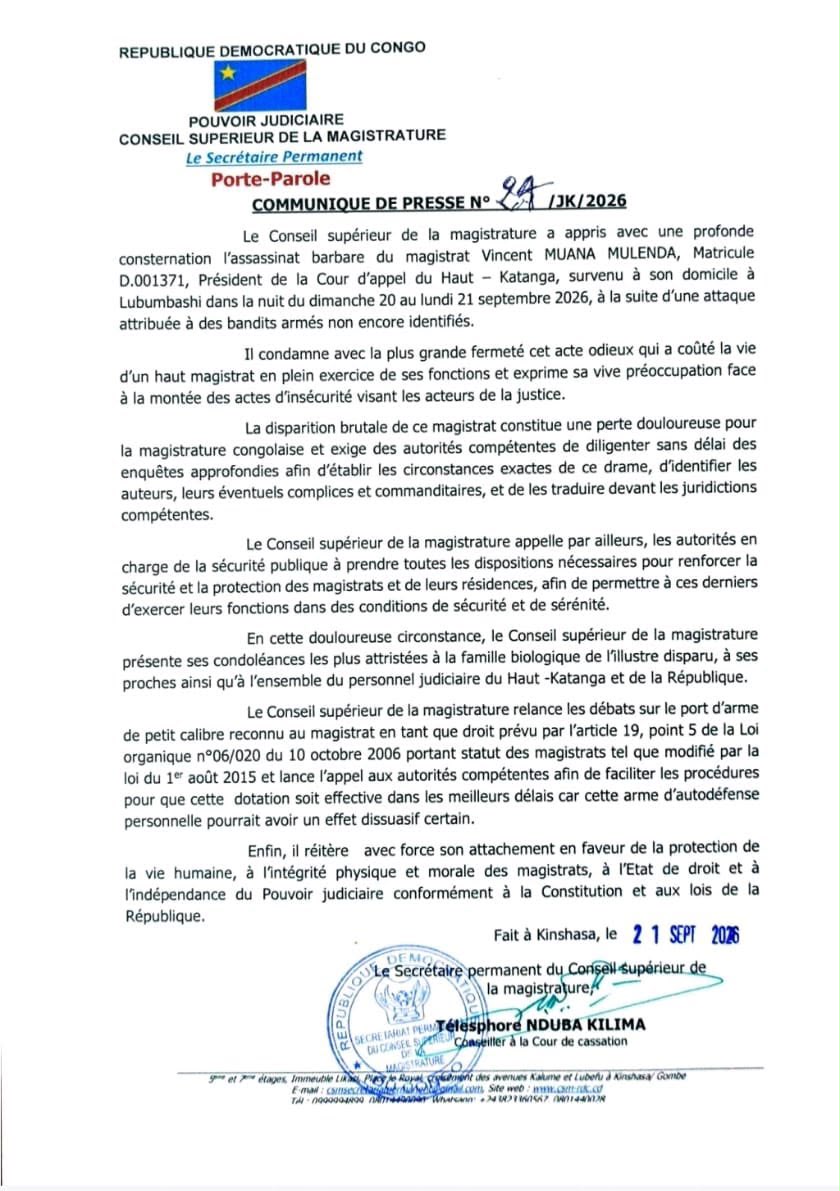 RDC : après l’assassinat d’un haut magistrat, le CSM réclame l’application du droit à l’arme d’autodéfense